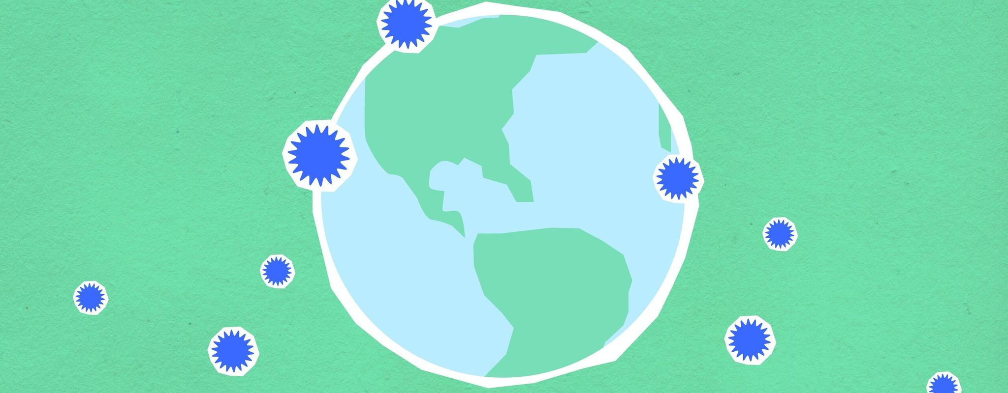 An illustration of the globe on a green background with blue star-like dots scattered around.