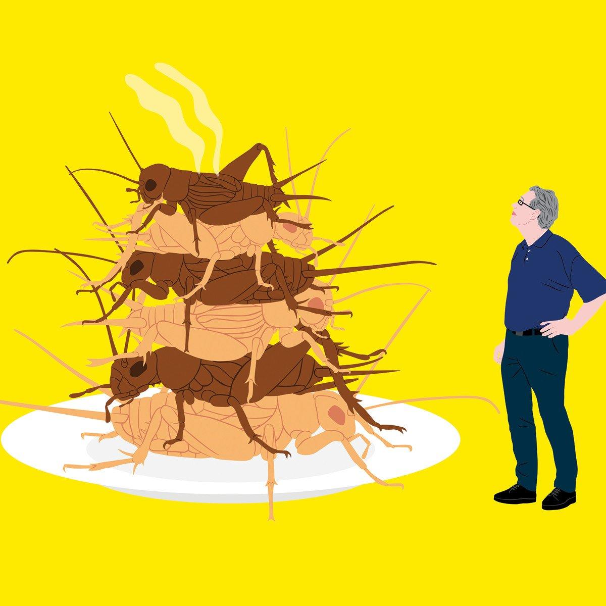 Illustration of Marcel Dicke looking at a large plate of crickets